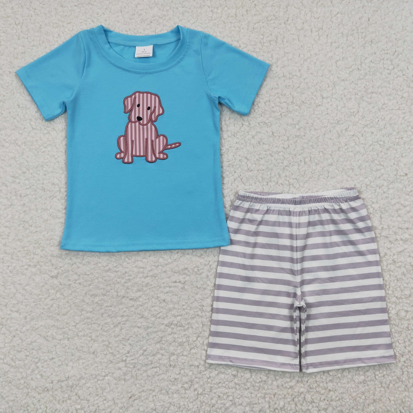 BSSO0214 Blue Short Sleeve Embroidery Dog Grey Striped Print Shorts Boys Set