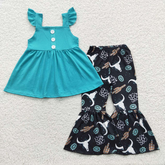 GSPO0581 Blue Flutter Sleeve Tunic Cow Skull Pants Girls Set