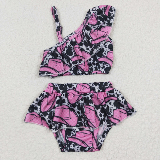 S0098 Hot Pink Hat Leopard Print Western Girls Bathing Suits Swimsuits