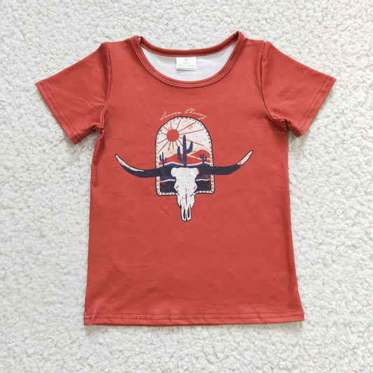 GT0106 Western Cow Skull Cactus Short Sleeve Kids Shirts Top