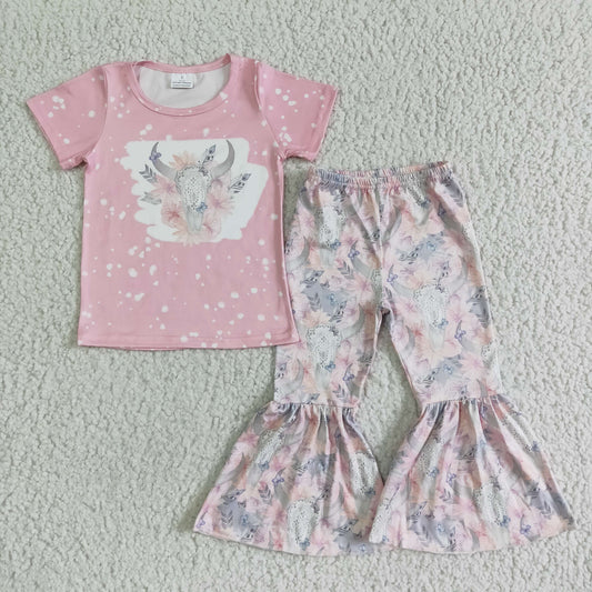 GSPO0072 Pink Cow Skull Baby Girls Floral Outfits