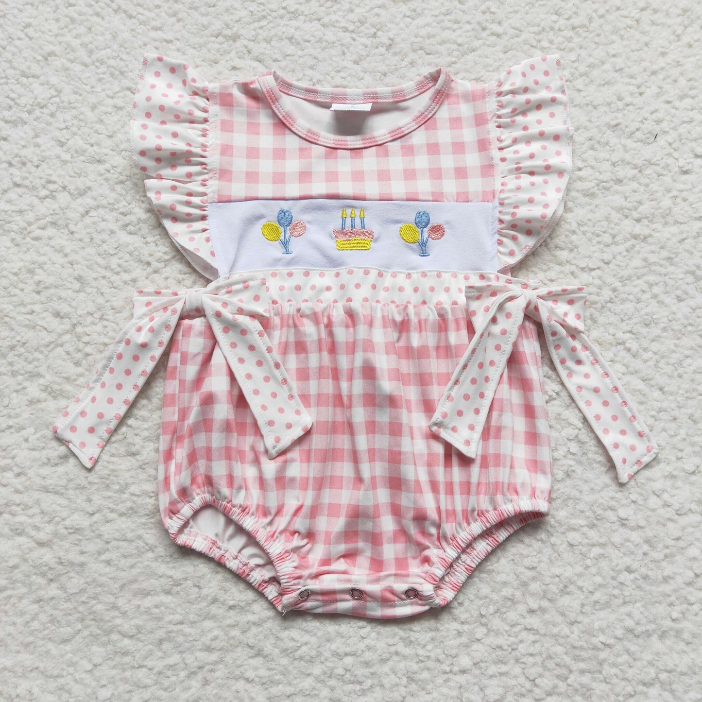 SR0269 Birthday Cake Embroidery Pink Baby Girls Flutter Sleeve Romper