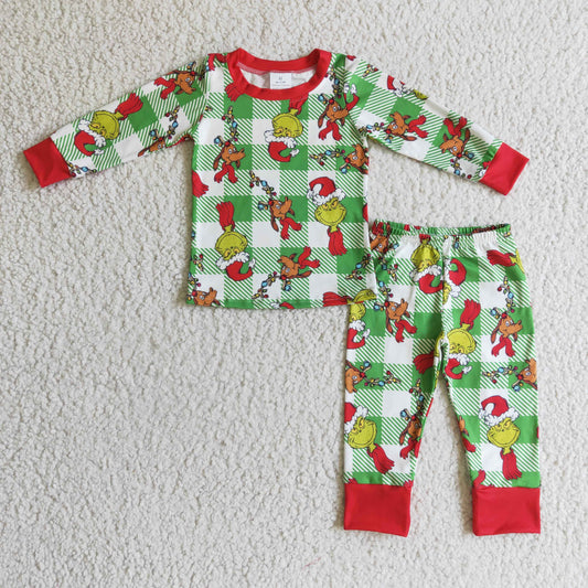 BLP0121 Christmas Green Plaid Print Boys Pajamas