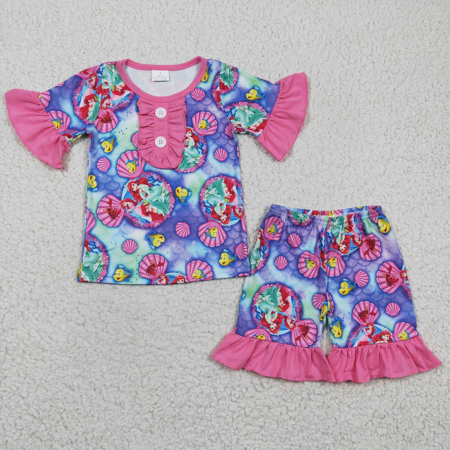 GSSO0152 Mermaid Hot Pink Cartoon Girls Summer Short Ruffle Set