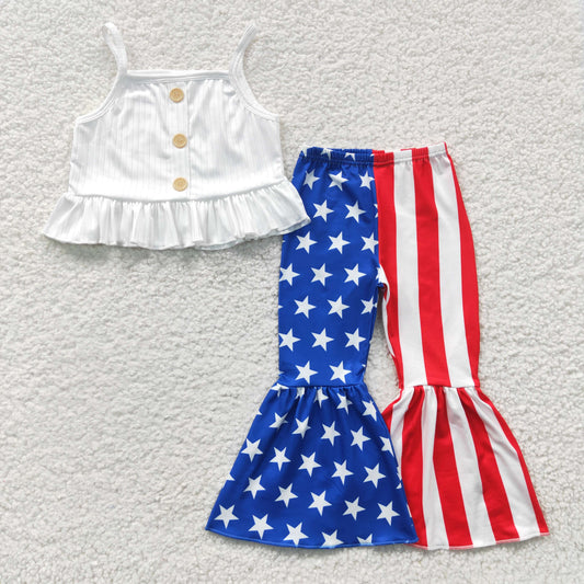 GSPO0480 White Sleeveless Girls Top Match 4th Of July Pants Kids Outfits