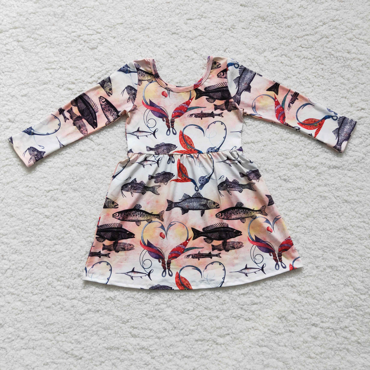 GLD0172 Fishing Heart Long Sleeve Baby Girls Dress