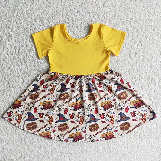 Yellow Short Sleeve Cartoon Har Twirl Dress