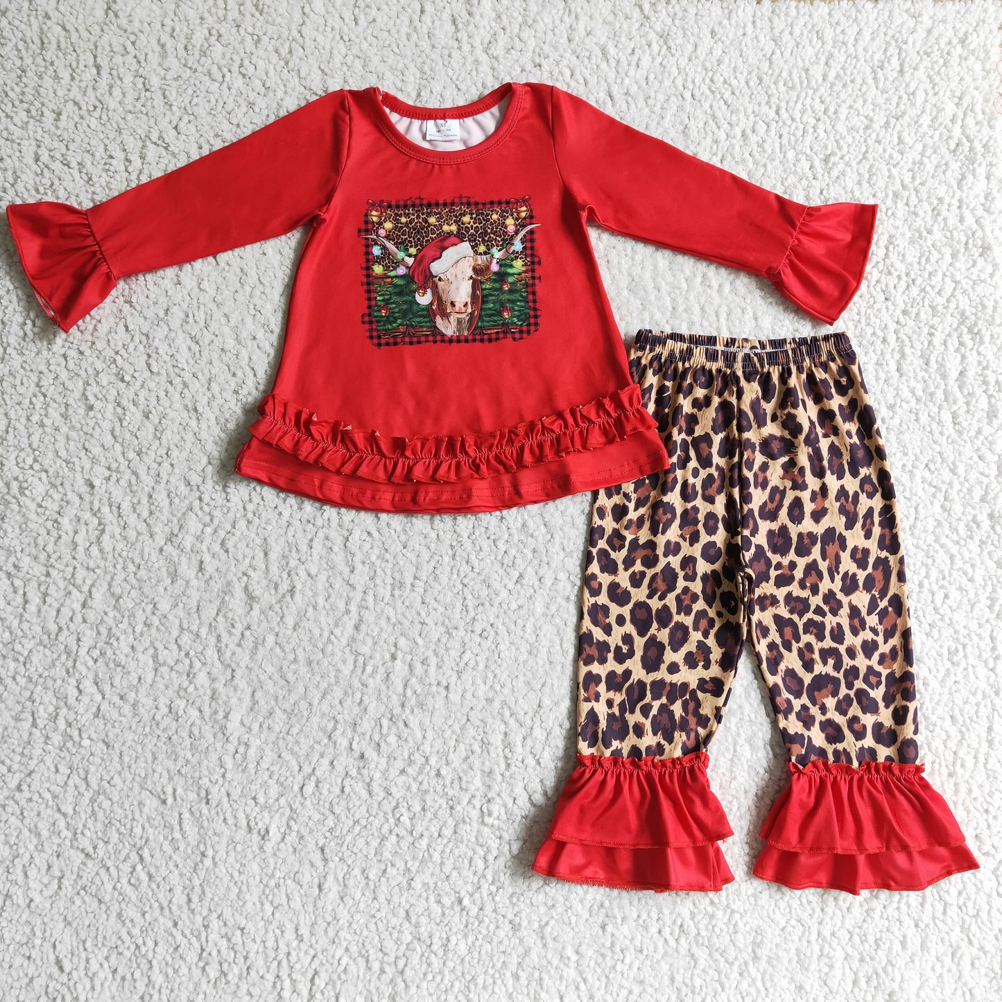 GLP0343 Christmas Red Highland Cow Leopard Girls Outfits