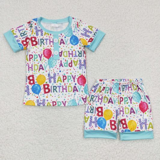 BSSO0180 Blue Short Sleeve Happy Birthday Shorts Boys Set