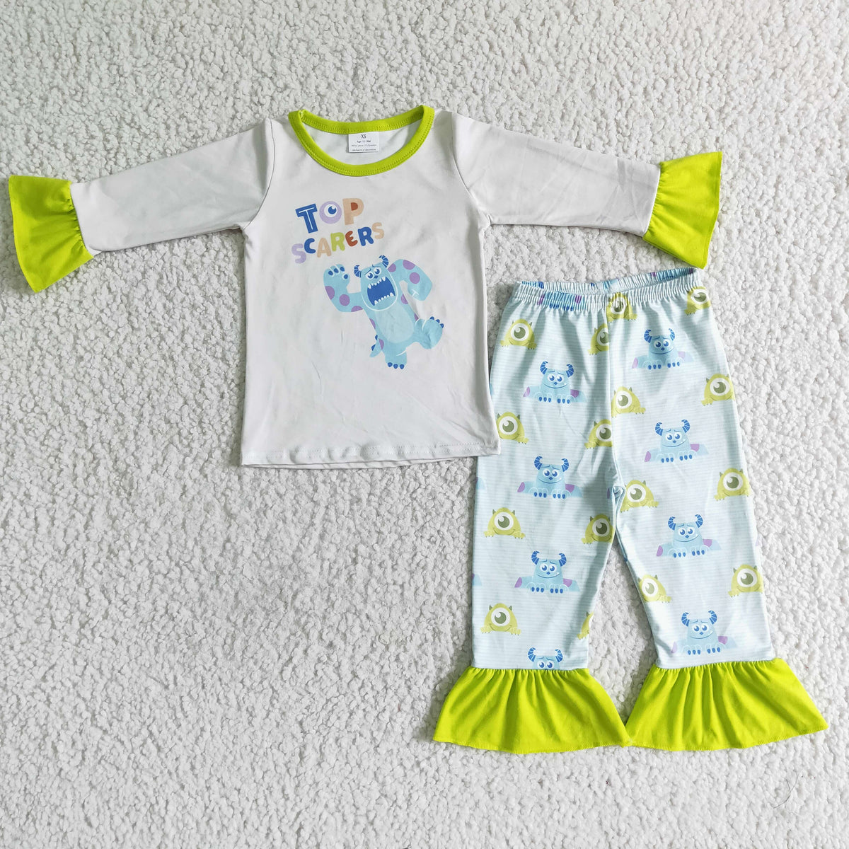 GLP0154 Girls Green Ruffle Cartoon Pajamas