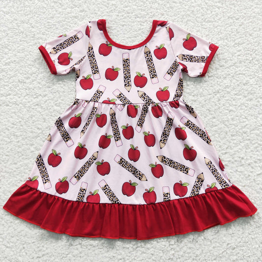 GSD0314 Short Sleeve Back To School Apple Red Ruffles Baby Girls Dress