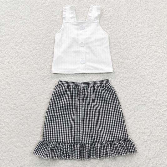 GSD0262 White Sleeveless Top Match Black Plaid Print Skirts Dress Set