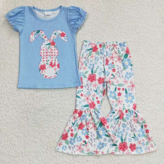 GSPO0460 Blue Bunny Easter Short Sleeve Floral Print Girls Outfits