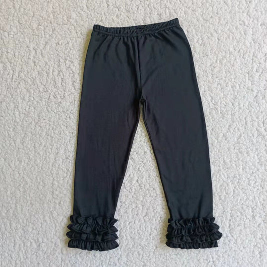 Cotton Ruffles Black Solid Color Pants