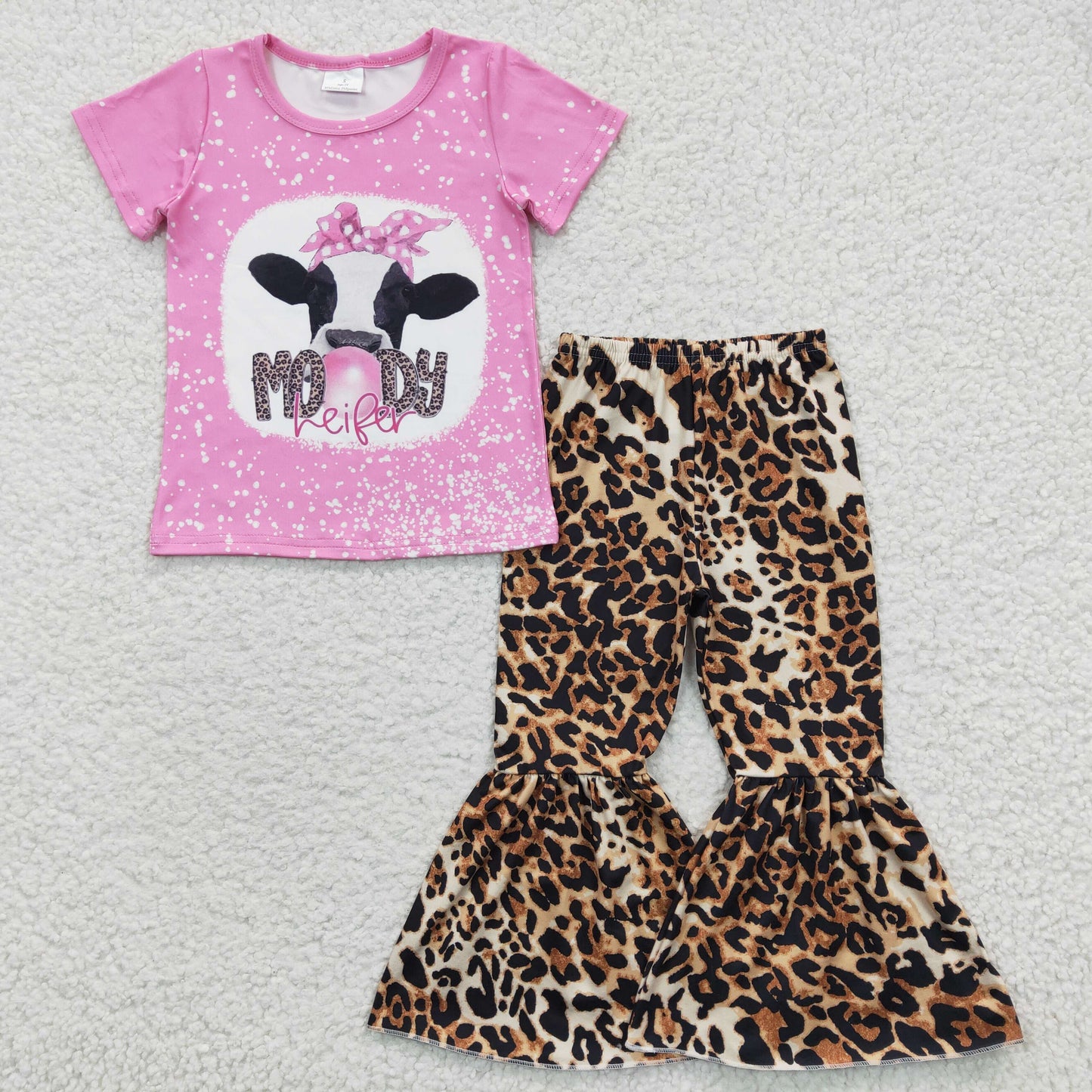 GSPO0588 Pink Bleach Moody Cow Leopard Print Girls Summer Set