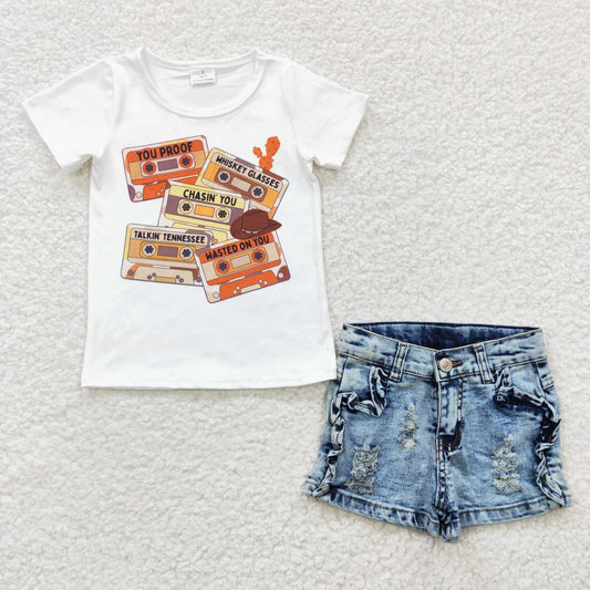 GSS00253 Tape Short Sleeve Blue Shorts Denim Jeans Girls Set