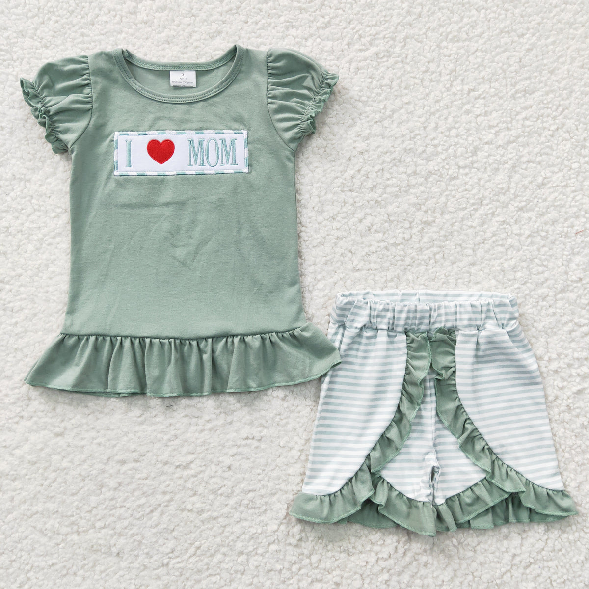 GSSO0189 Green I Love Mom Striped Print Embroidery Girls Shorts Baby Girls Set