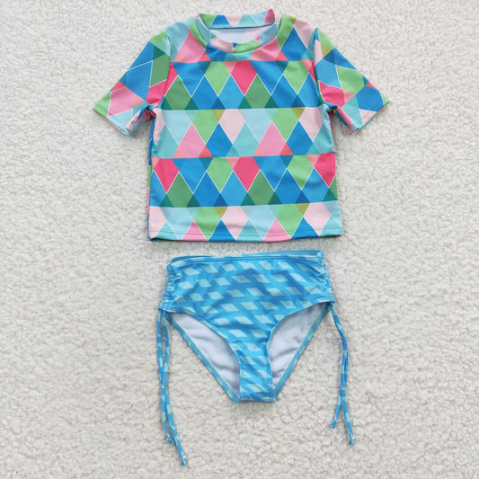 S0114 Blue & Green Geometry Girls Bathing Suits Swimsuits