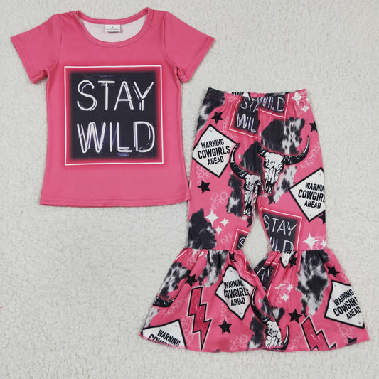 GSPO0446 Hot Pink Short Sleeve Stay Wild Cow Skull Baby Girls Outfits