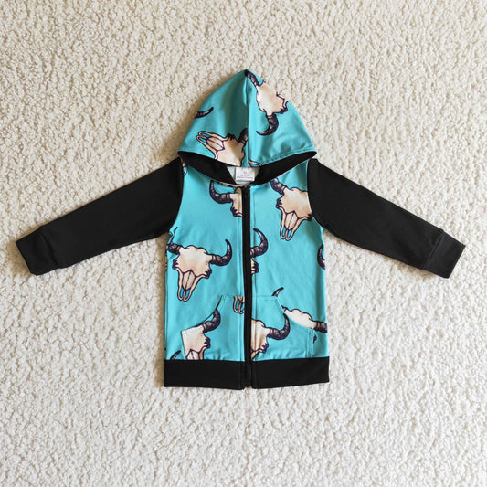 BT0083 Cow Skull Blue Boys Zipper Hat Hoodie Coat