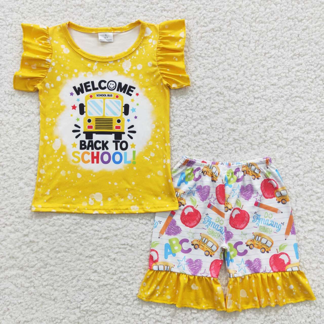GSSO0284 Yellow Flutter Sleeve Welcome Back To School Bus Shorts Girls Set