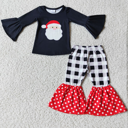 Big Ruffle Long Sleeve Baby Girls Christmas Plaid Bell-bottom Pants Sets