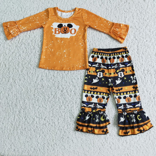 Halloween Orange Bleach Design Ruffles Long Sleeve Match Cartoon Pants Kids Sets