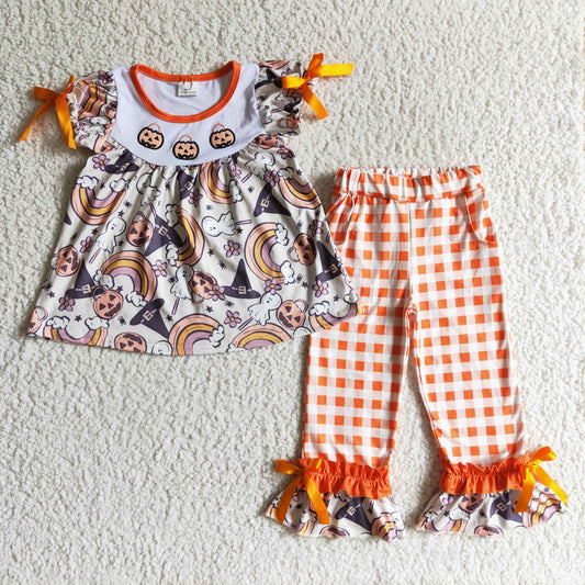 GSPO0176 Embroidery Pumpkin Halloween Girls Outfits