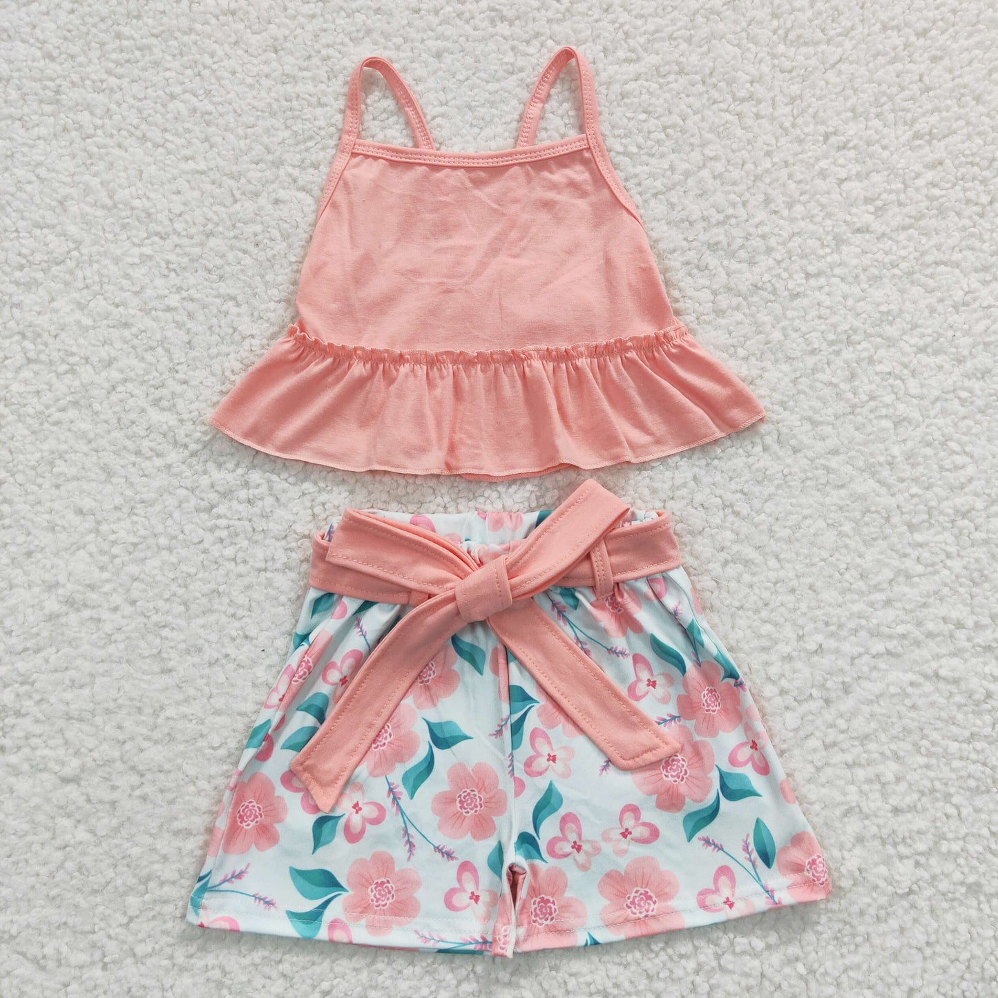 GSSO0196 Pink Sleeveless Flower Print Summer Baby Girls Set
