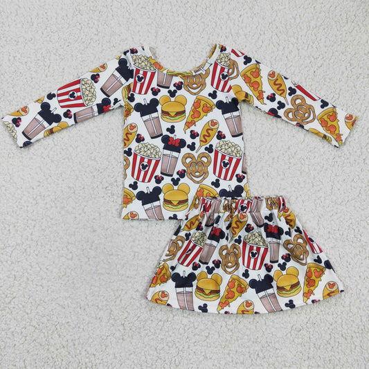 GLD0161 Cartoon M Hamburger Pizza Snacks Girls Skirts Dress Set