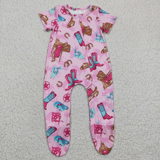 SR0194 Pink Western Short Sleeve Boots Girls Zip Romper