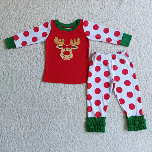 Christmas Embroidery Deer Dots Ruffles Casual Pajamas