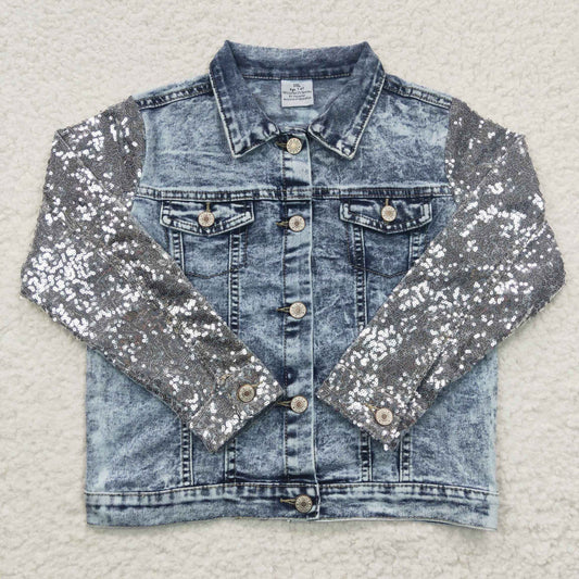 GT0148 Silver Sequin Long Sleeve Denim Jacket