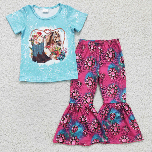 GSPO0312 Western Horse Blue Boots Red Aztec Baby Girls Set