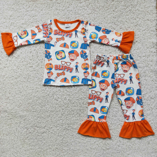 Cartoon Ruffles Long Sleeve Girls Casual Pajamas