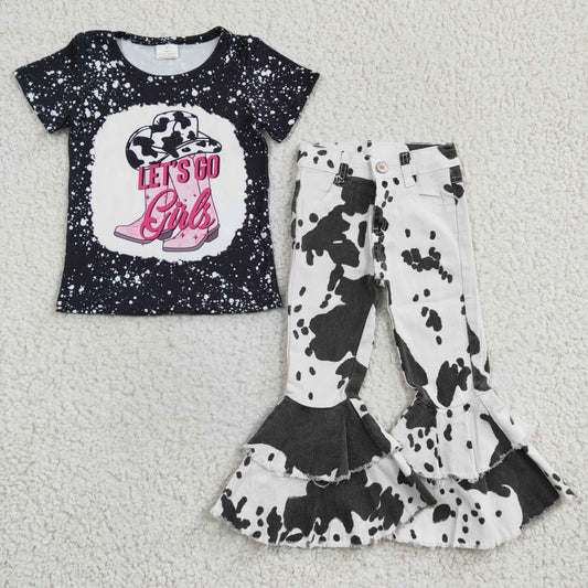 GSPO0497 Let's Go Girl Western Hat & Boots Cow Print Denim Jeans Kids Outfits