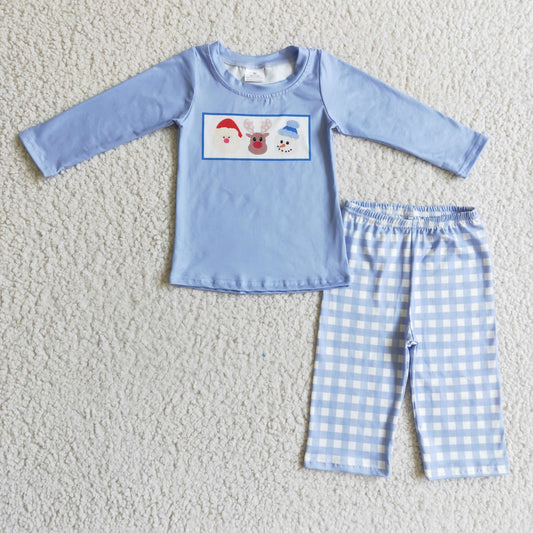 BLP0129 Christmas Santa & Deer & Snowman Blue Boys Plaid Print Set