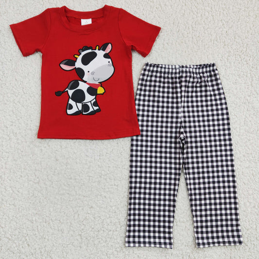BSPO0057 Cow Embroidery Red Short Sleeve Plaid Pants Boys Outfits