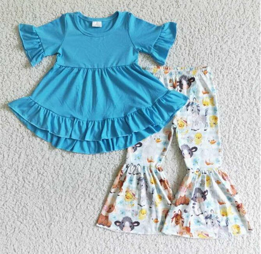 GSPO0112 Blue Hi Low Farm Baby Girl Set