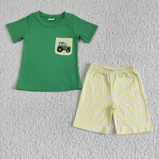 BSSO0058 Green Summer Boys Tractors  Outfits