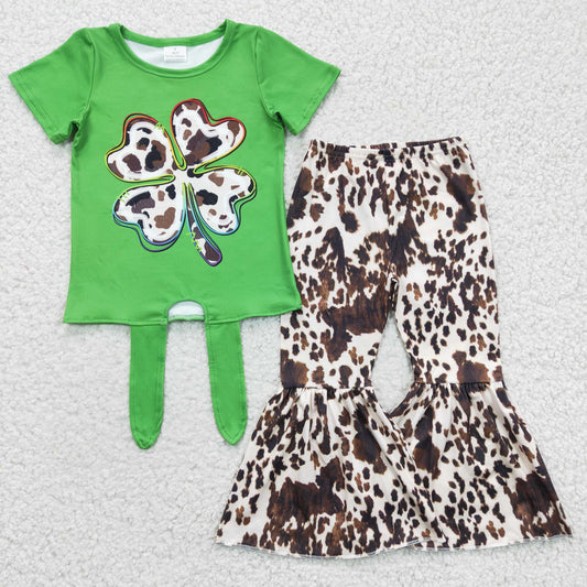 GSPO0297 Green St. Patrick's Day Cow Print Baby Girls Outfits