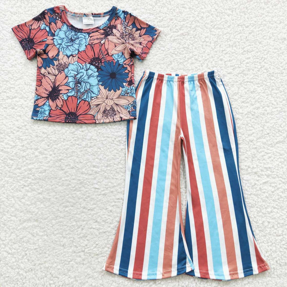 GSPO0578 Flower Print Short Sleeve Striped Print Baby Girls Summer Set