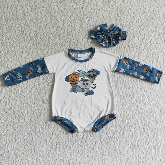 LR0125 Halloween 3pcs Bow Blue Bummies Romper