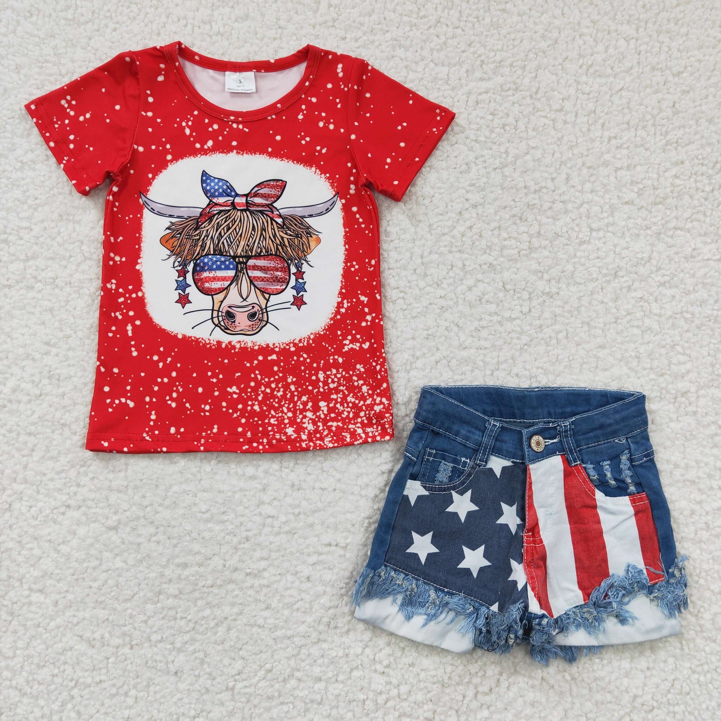 GSSO0248 Red 4th Of July Highland Cow Denim Jeans Girls Set