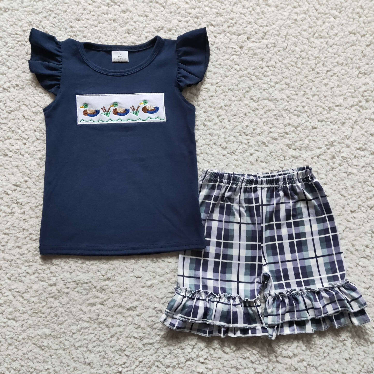 GSSO0156  Navy Teal Duck Flutter Sleeve Summer Baby Girls Plaid Print Kids Set