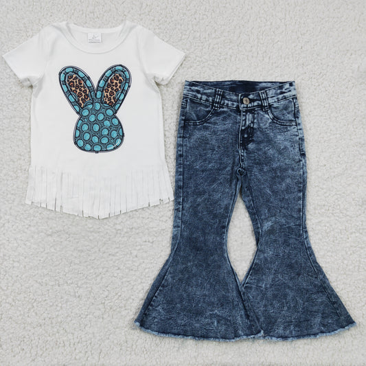 GSPO0532 Easter Aztec Bunny Tassels Denim Jeans Girls Set