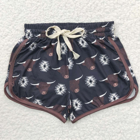 SS0087 Highland Cow Aztec Black Western Kids Summer Sport Shorts