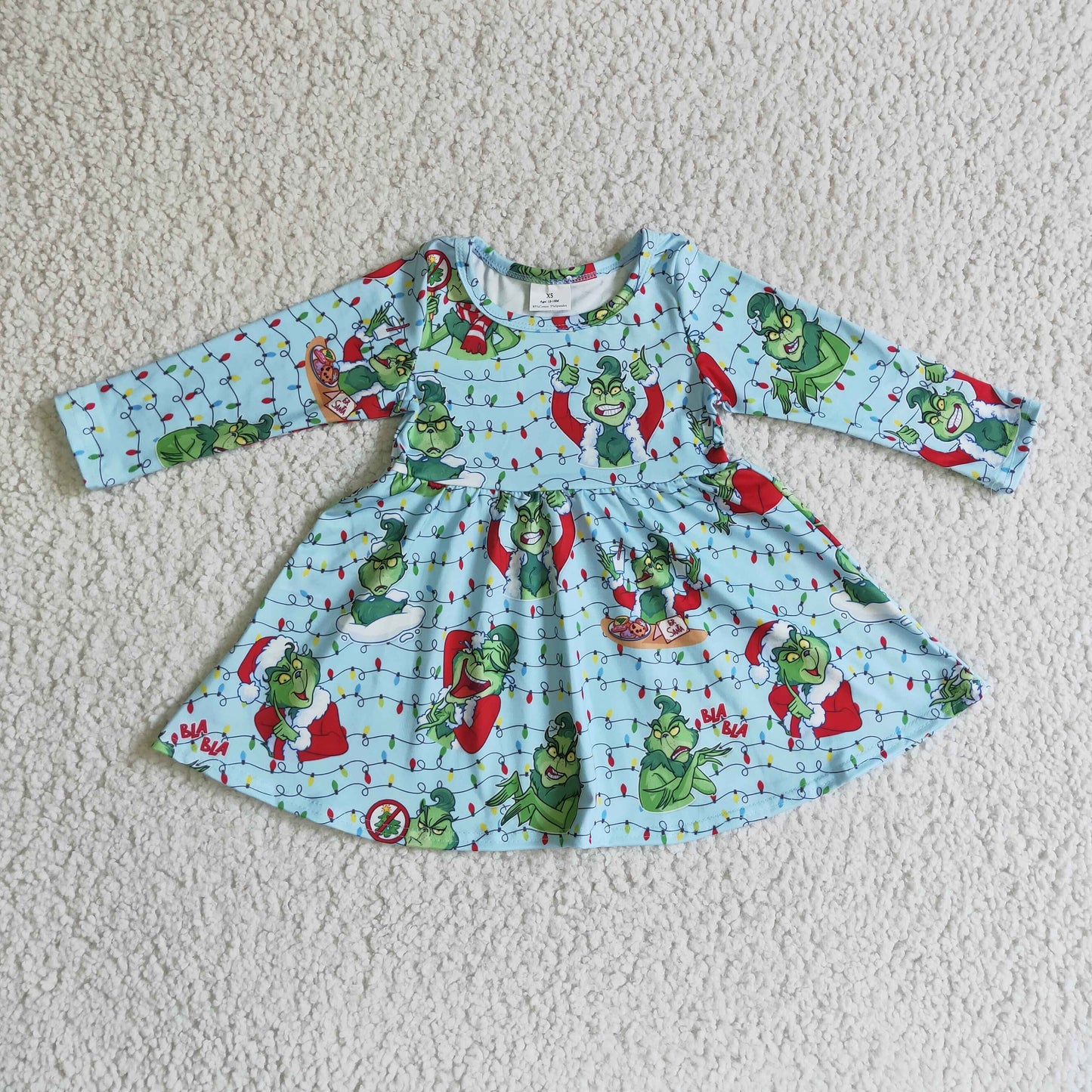 GLD0103 Christmas Green Face Blue Long Sleeve Girls Dress