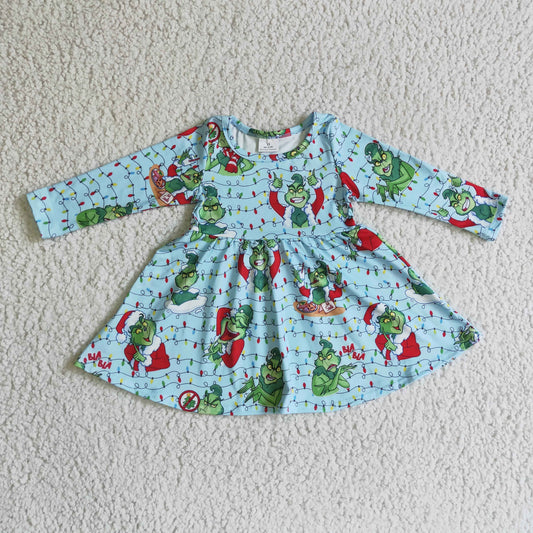 GLD0103 Christmas Green Face Blue Long Sleeve Girls Dress