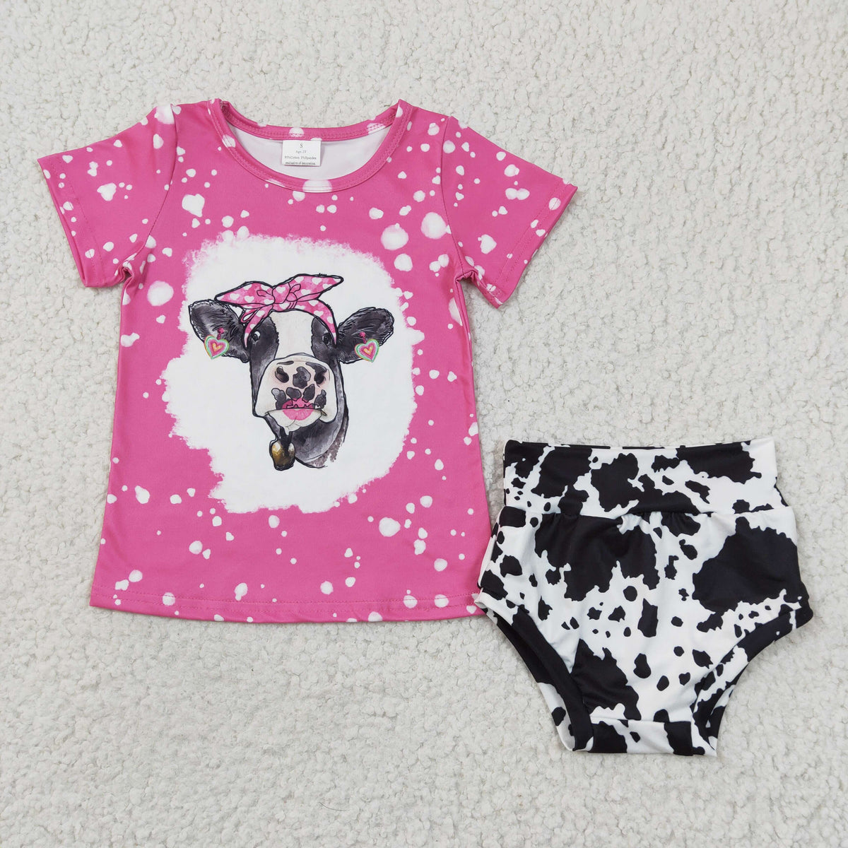 GBO0065 Cow Pink Bleach Short Sleeve Print Bummies Set